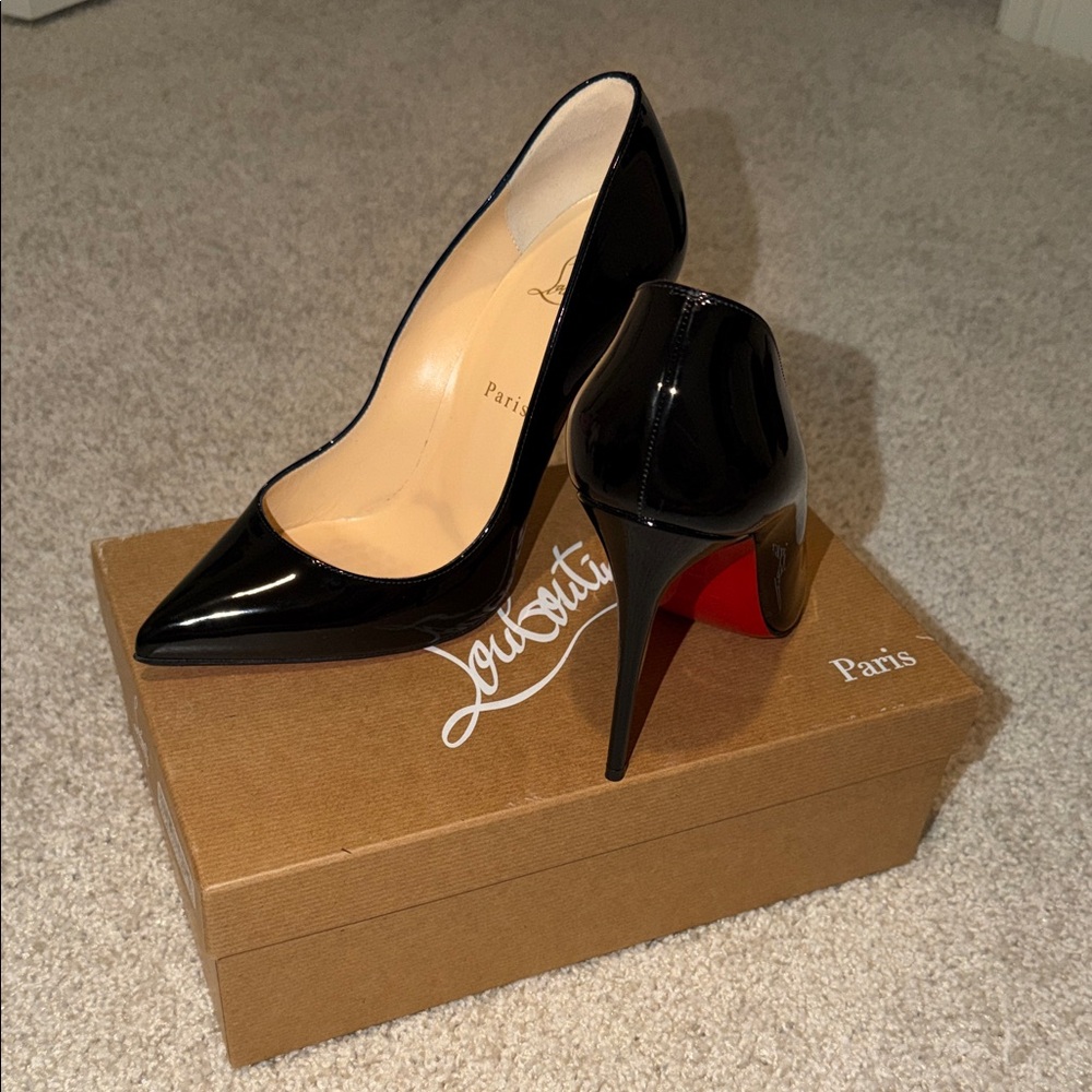 Christian Louboutin Pigalle Follies 100 Patent Glossy Black Heels with Red Sole